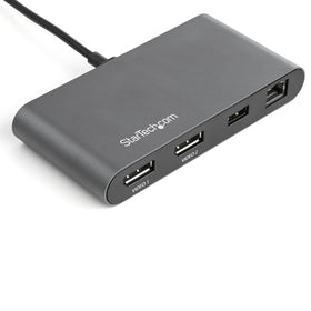 StarTech.com dock connected to laptop highlighting Thunderbolt 3 performance and dual 4K support