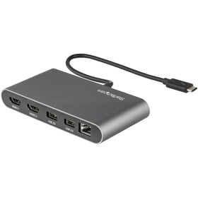 StarTech.com dual-monitor Thunderbolt mini dock powering two 4K HDMI displays for productivity.