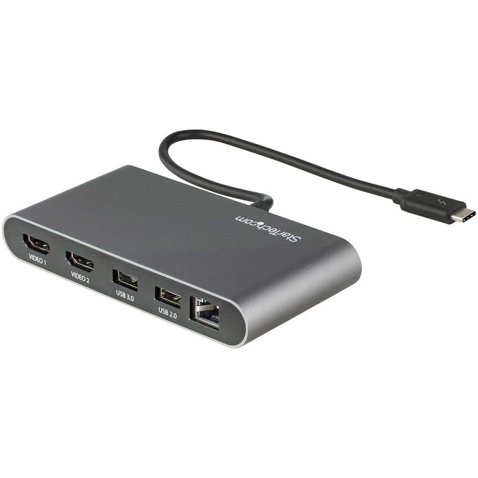StarTech.com dual-monitor Thunderbolt mini dock powering two 4K HDMI displays for productivity.