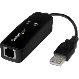 StarTech.com external 56K USB modem front view showing port layout and easy setup benefit