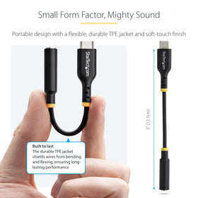 StarTech.com adapter connected to headset during a call demonstrating reliable mic and in-line control support