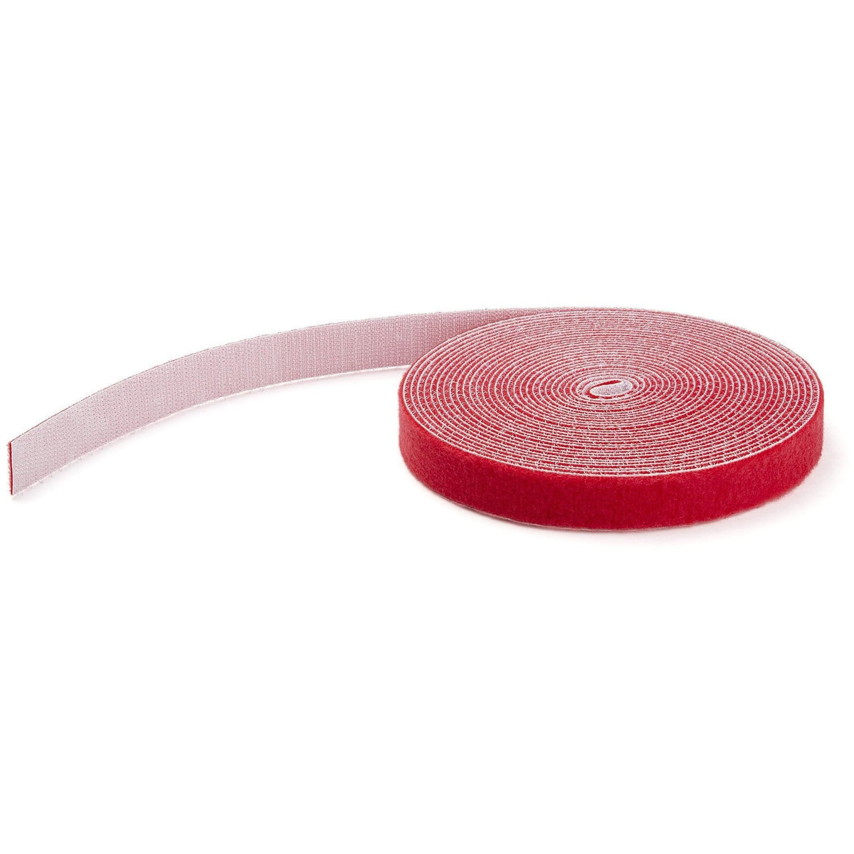 StarTech HKLP100RD cable tie roll closeup shows red hook-and-loop tape for customizable length.