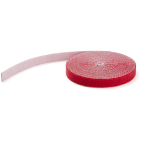 StarTech HKLP100RD cable tie roll closeup shows red hook-and-loop tape for customizable length.