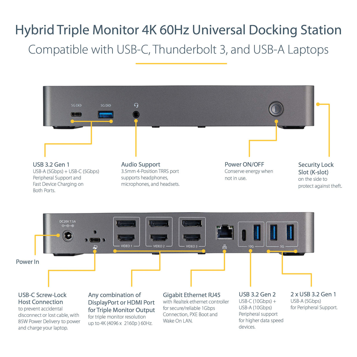 StarTech.com rear ports and Ethernet for versatile workstation connectivity.