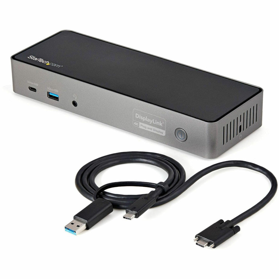 StarTech.com USB-C/USB-A hybrid docking station front ports enable fast peripheral connections.