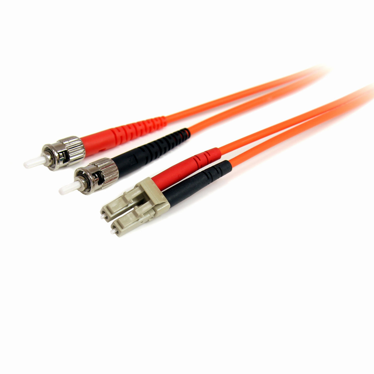 StarTech.com LC-ST duplex fiber patch cable closeup showing durable connectors for high-speed networks.