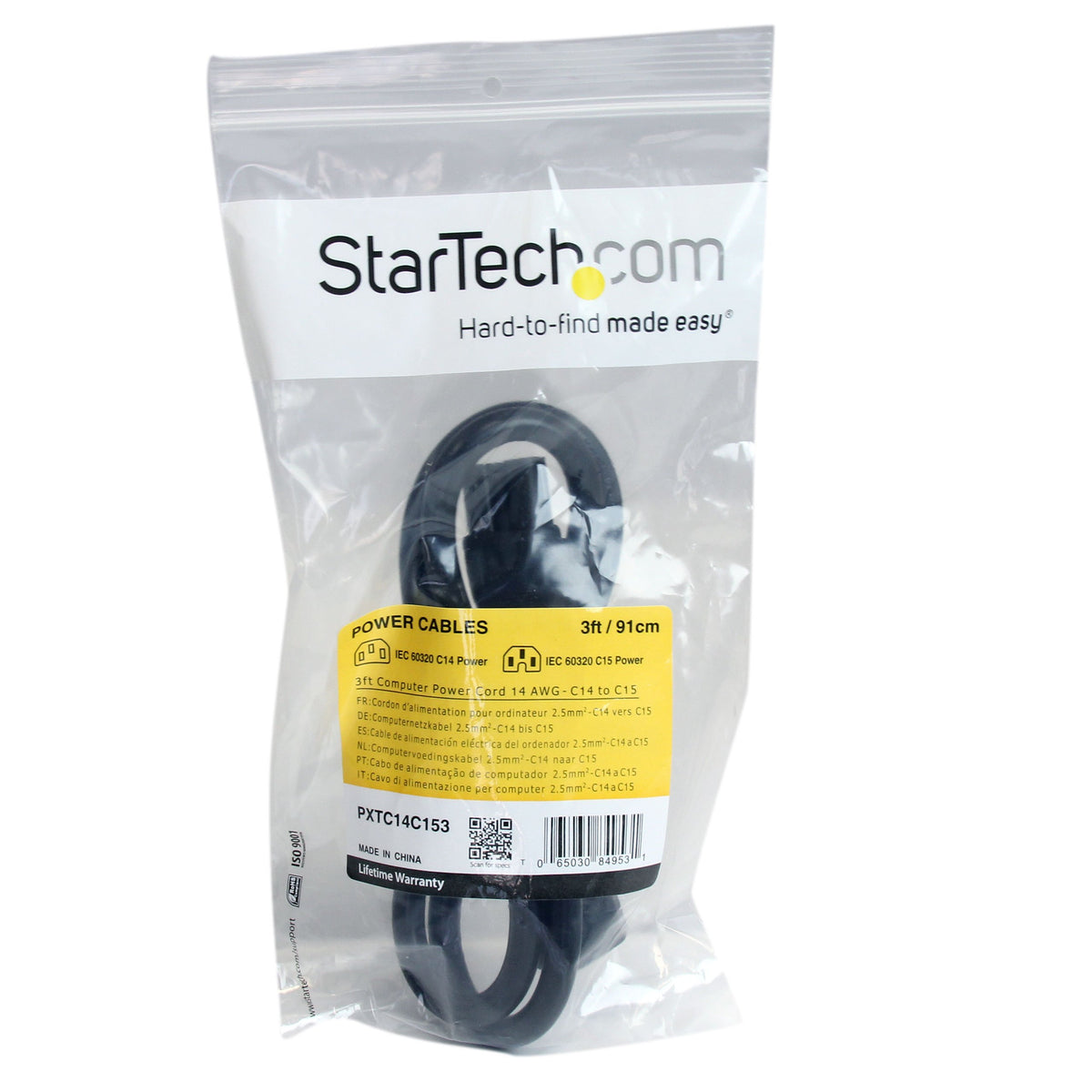 StarTech.com product packaging and label showing specifications and warranty
