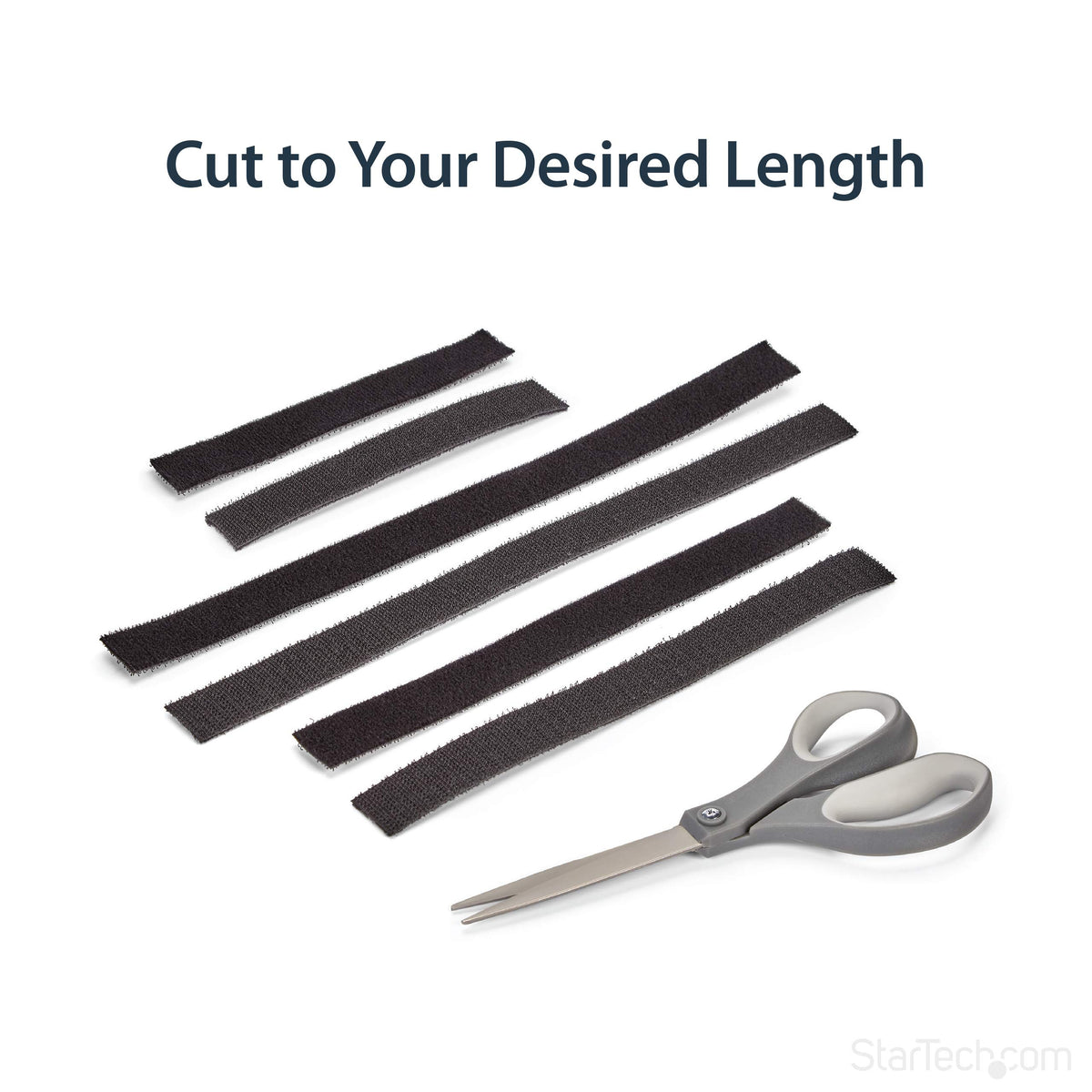 StarTech.com tape being cut with scissors, demonstrates easy custom length cutting