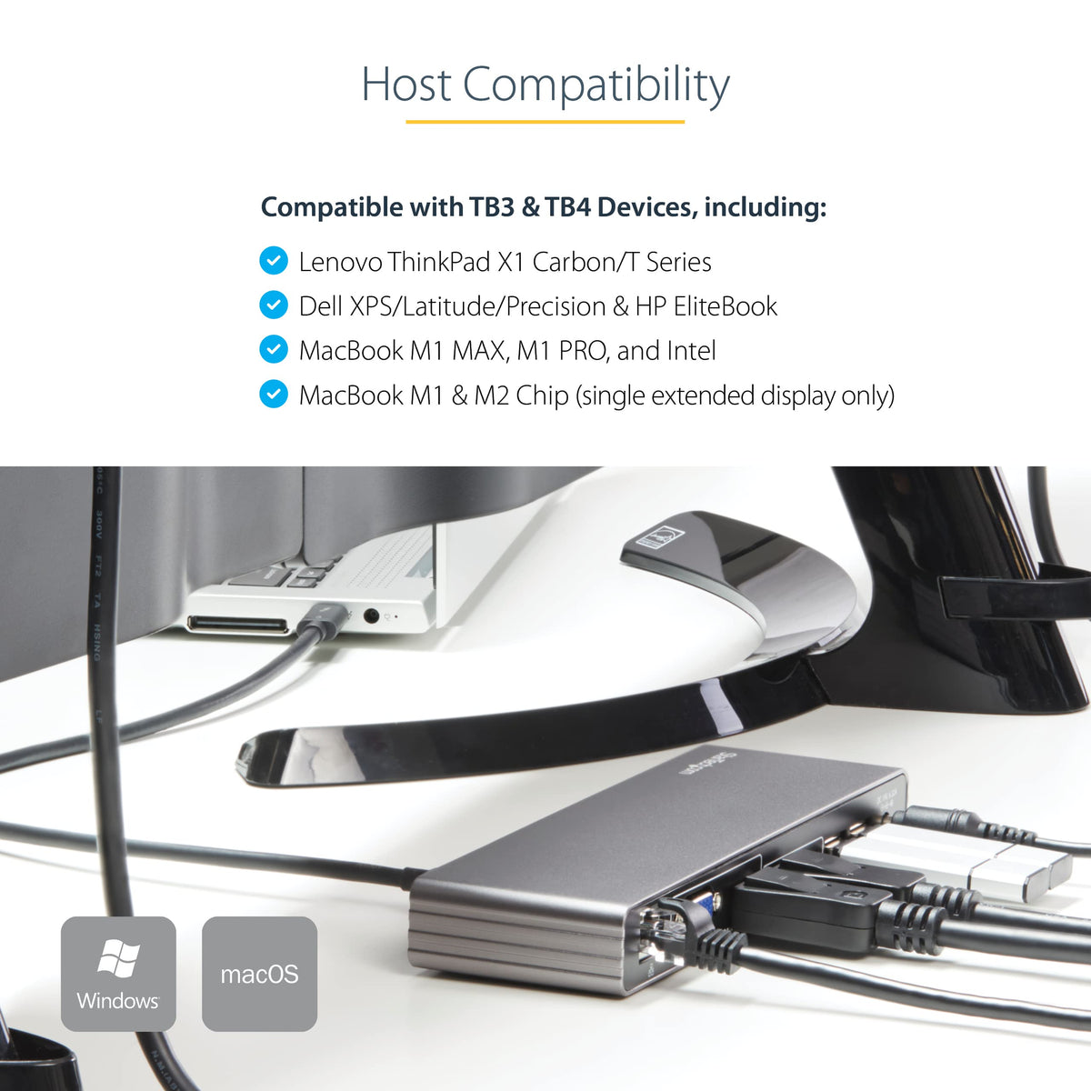 StarTech Thunderbolt 3 Dock 85W Power Delivery charges your laptop.