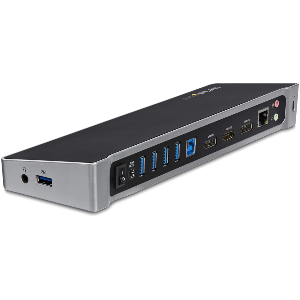 StarTech.com triple monitor docking station front view shows compact universal design for desks