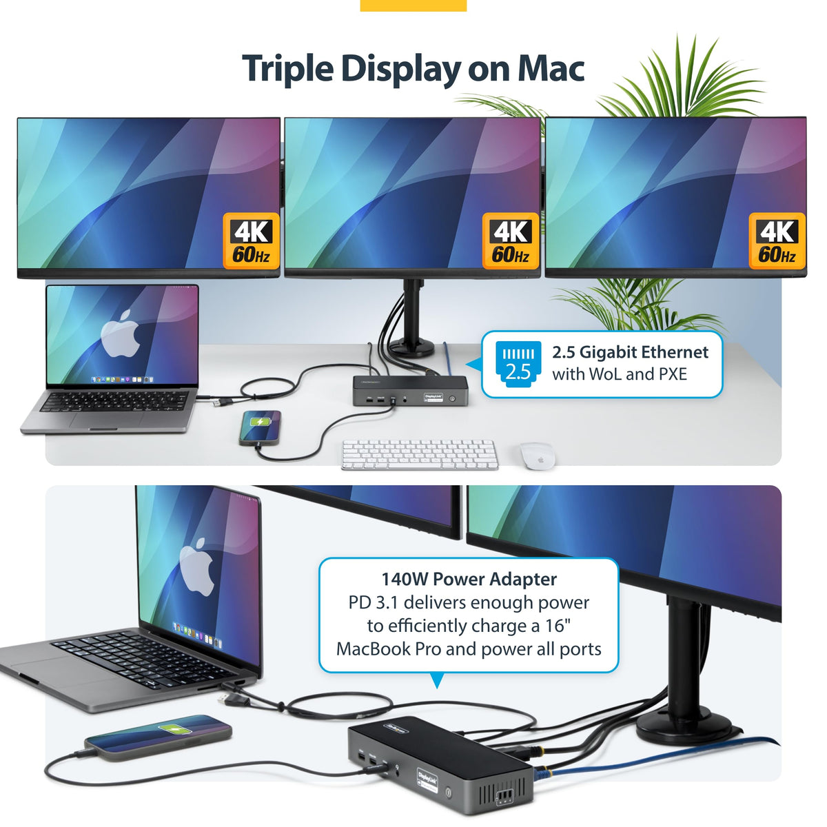 StarTech triple-monitor USB-C dock showcasing 4K60Hz display capability.
