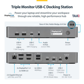 StarTech triple-monitor USB-C dock side ports highlighting versatile connectivity for laptops.