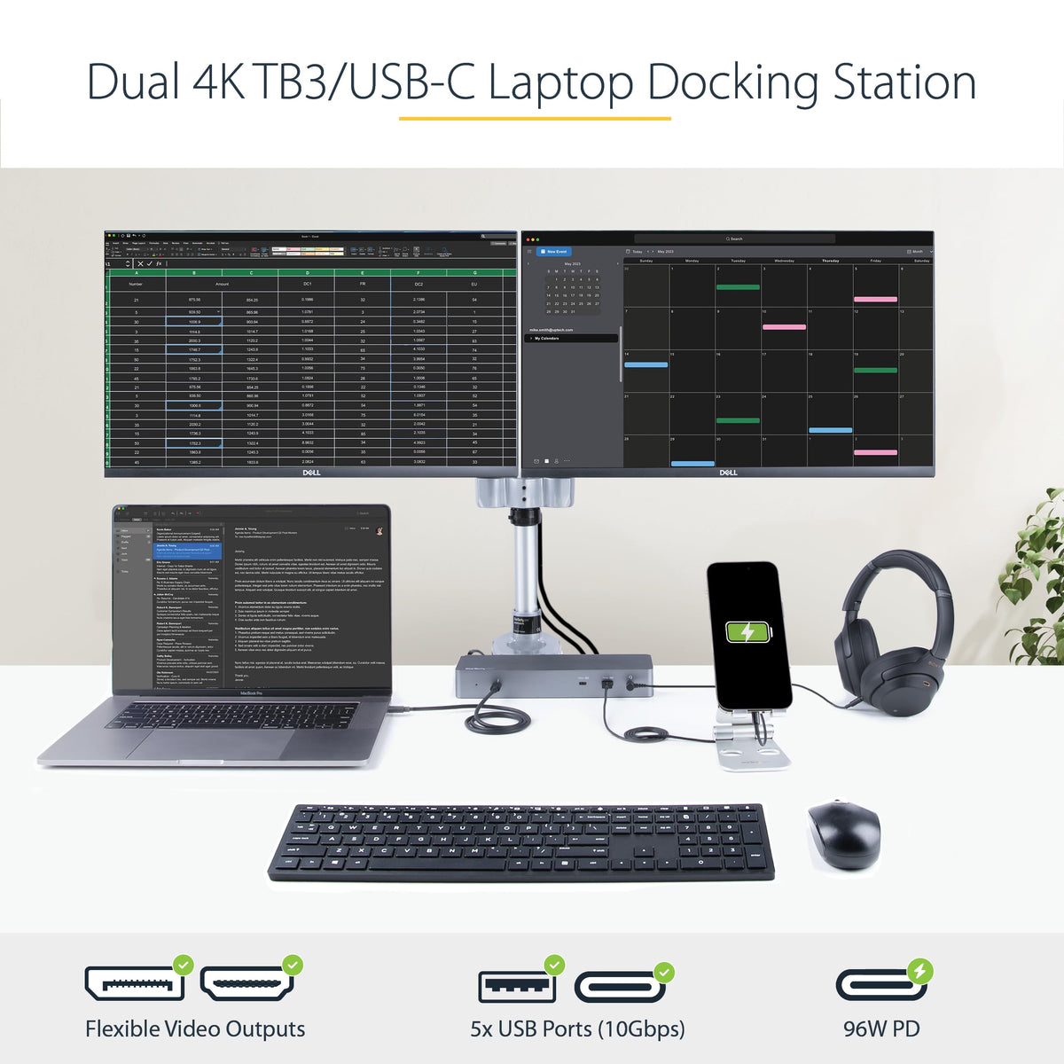 StarTech docking station with 0.8m Thunderbolt/USB-C cable for quick setup