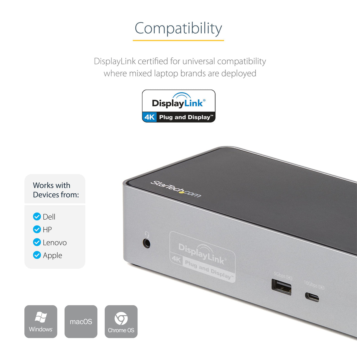 StarTech.com USB-C Quad Dock supports DisplayLink on M1/M2 for extended displays.