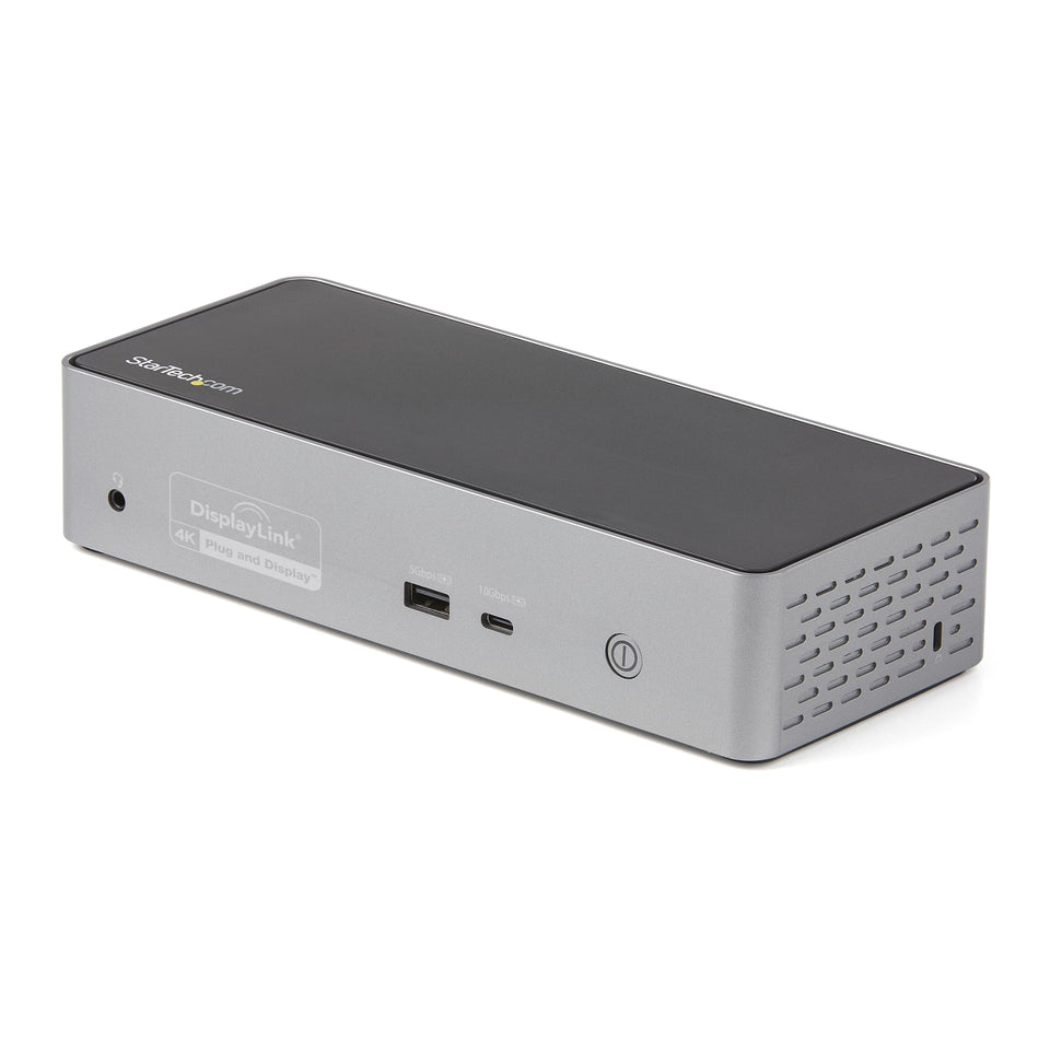 StarTech.com USB-C Quad Dock with MacBook setup enabling extended multi-monitor workspace.