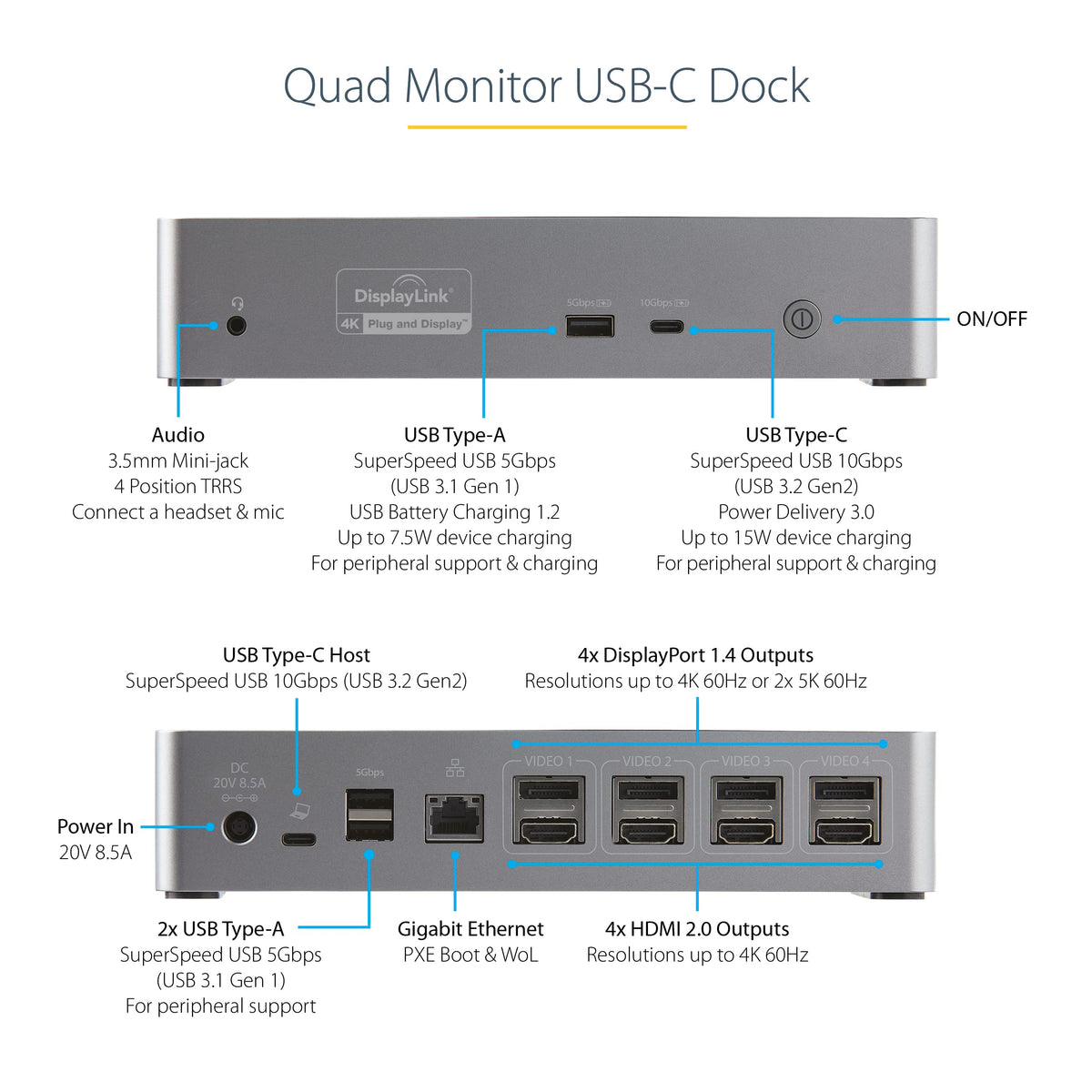 StarTech.com USB-C Quad Dock USB hub and ports for peripheral expansion.