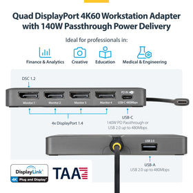 StarTech USB-C quad 4K60 dock back ports showing charging pass-through and USB peripherals.