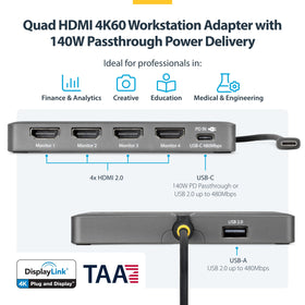 StarTech USB-C quad HDMI dock four-monitor setup powering productivity