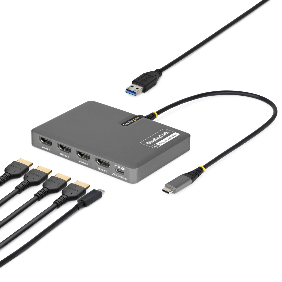 StarTech USB-C quad HDMI dock front view with four displays for expanded multitasking
