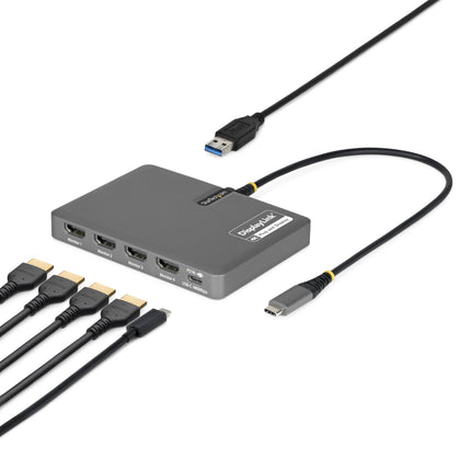 StarTech USB-C quad HDMI dock front view with four displays for expanded multitasking