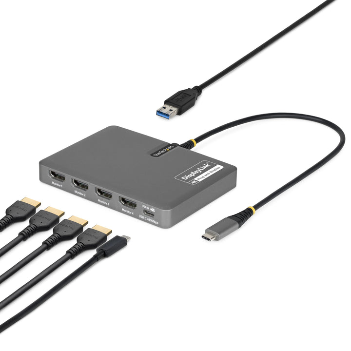 StarTech USB-C quad HDMI dock front view with four displays for expanded multitasking