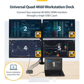 StarTech USB-C quad HDMI dock charging laptop via 140W PD while connecting peripherals