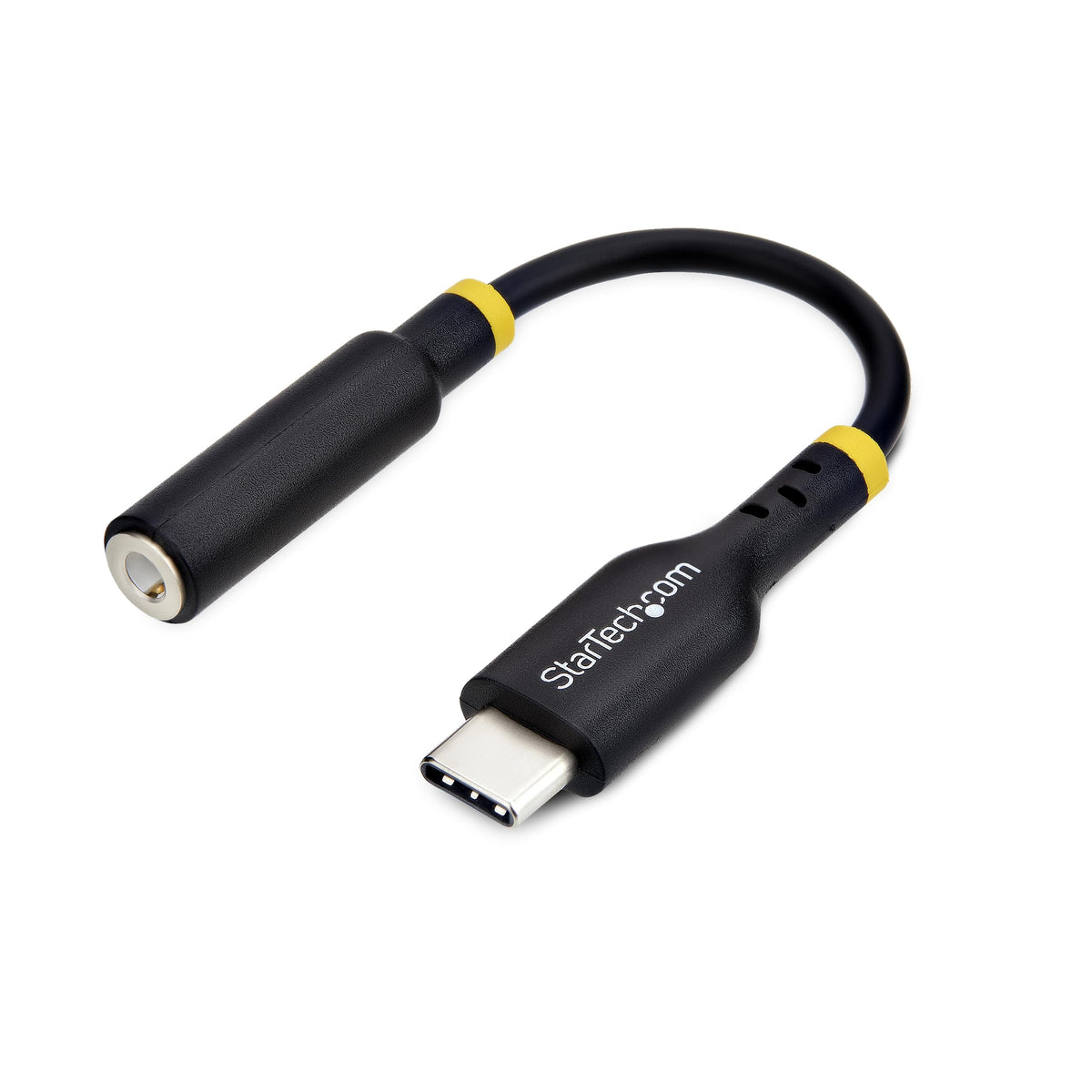 StarTech.com front view of USB-C to 3.5mm adapter showing compact design and port — clear audio on the go