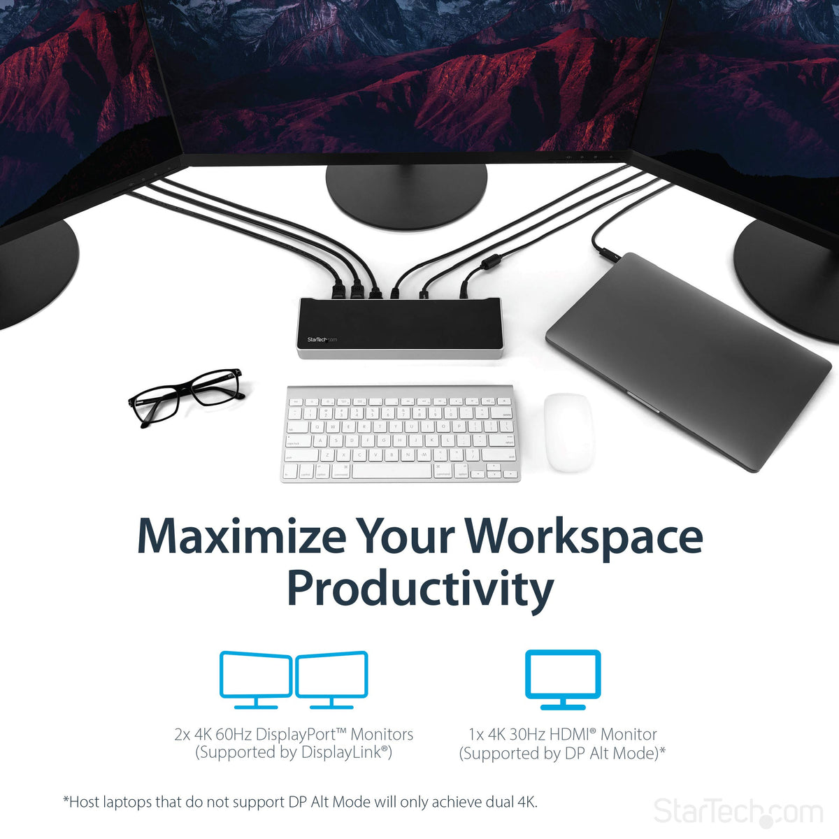 StarTech USB-C triple monitor dock provides 100W PD to charge a laptop