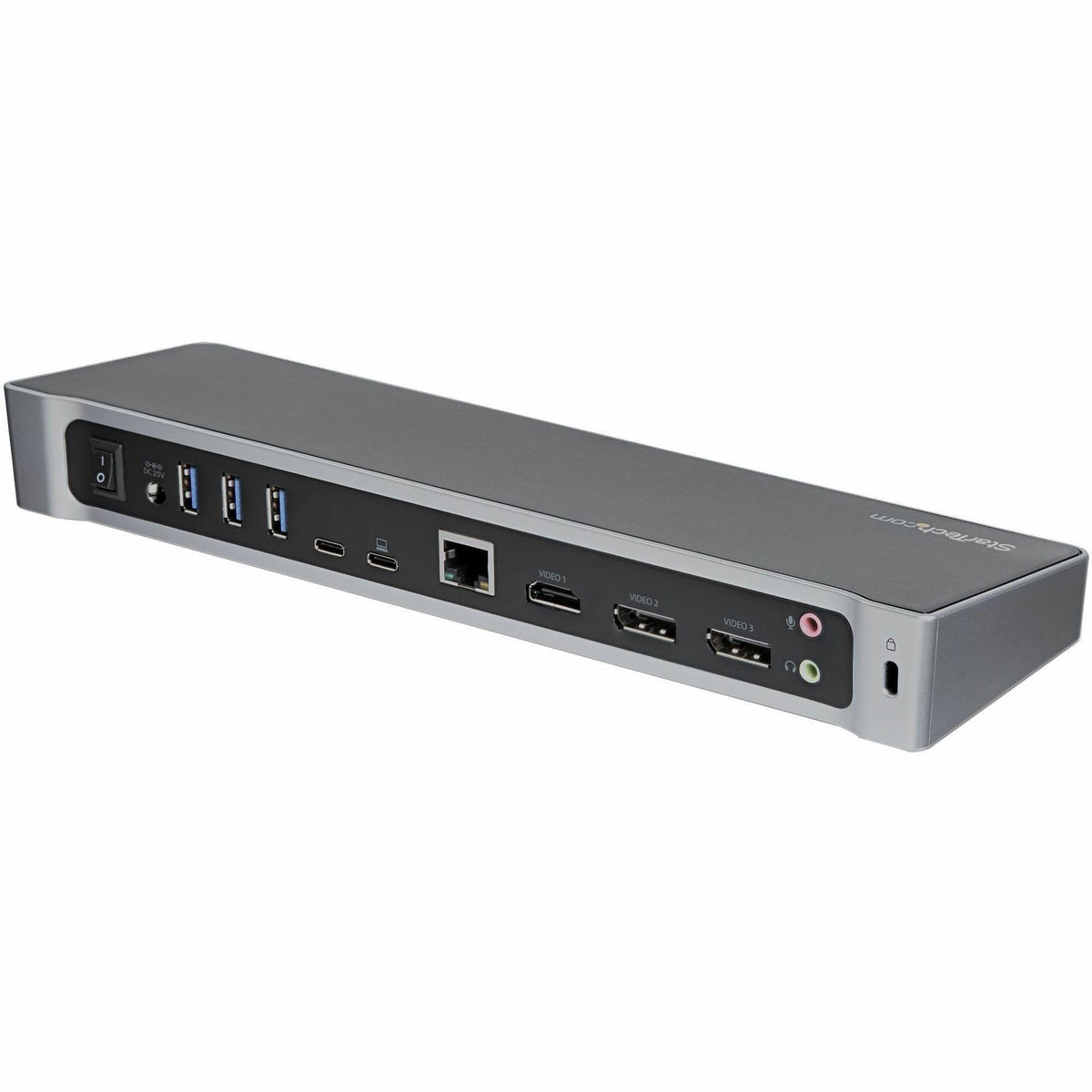 StarTech USB-C triple monitor dock front view shows sleek black-silver design