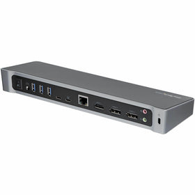 StarTech USB-C triple monitor dock front view shows sleek black-silver design