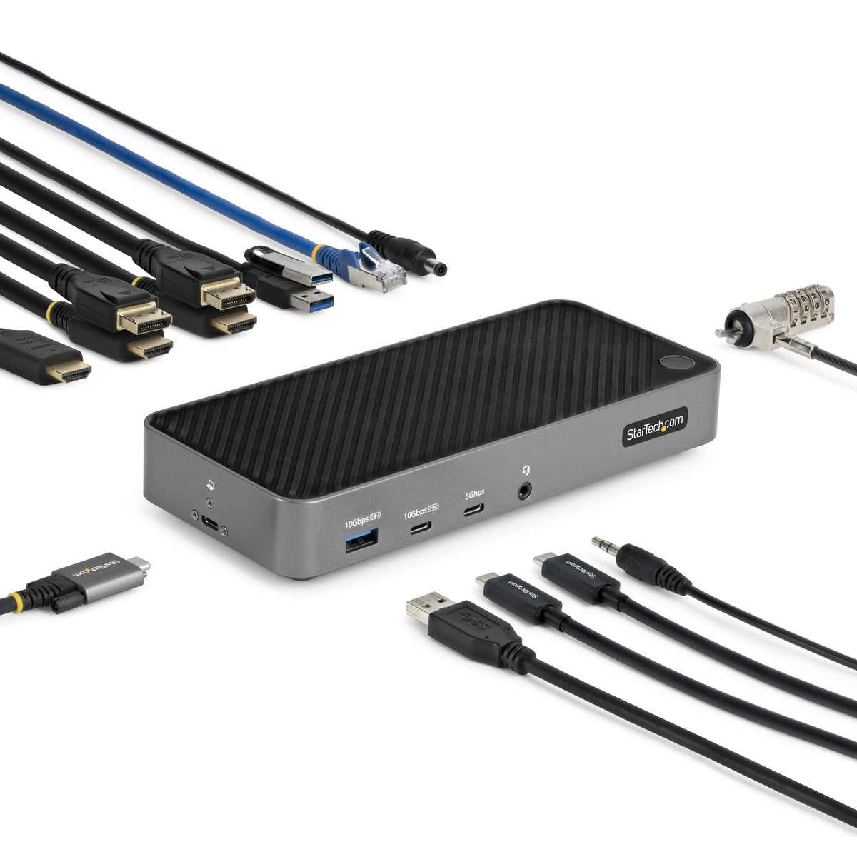StarTech USB-C triple monitor dock front view with labeled ports and compact chassis.