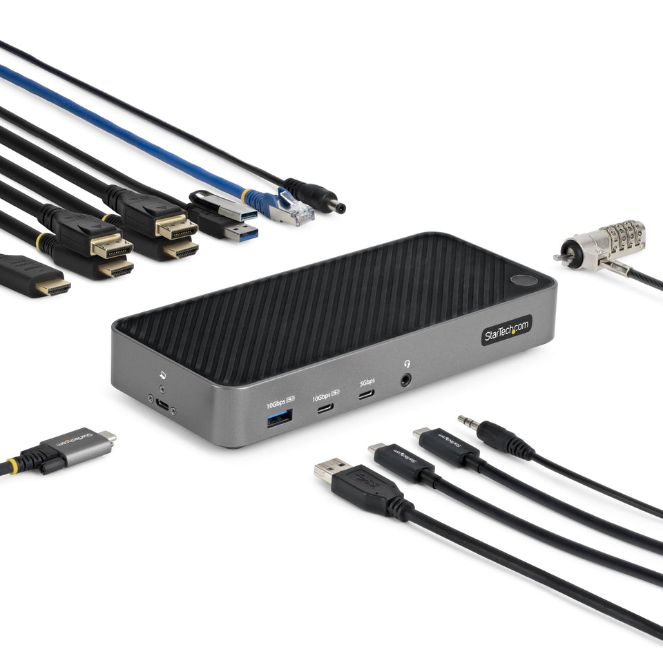 StarTech USB-C triple monitor dock front view with labeled ports and compact chassis.