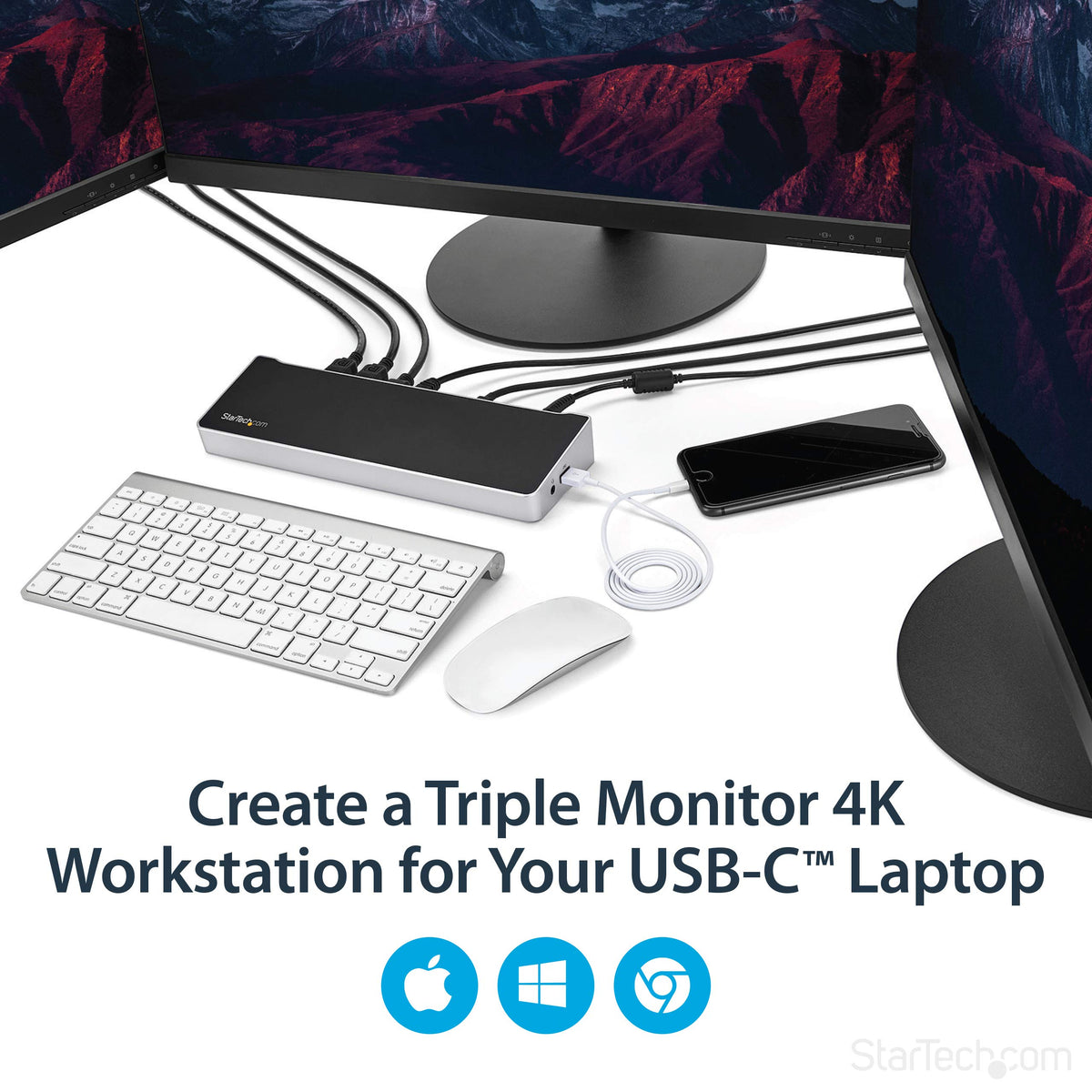 StarTech USB-C triple monitor dock connected to a MacBook for enhanced multi-display productivity