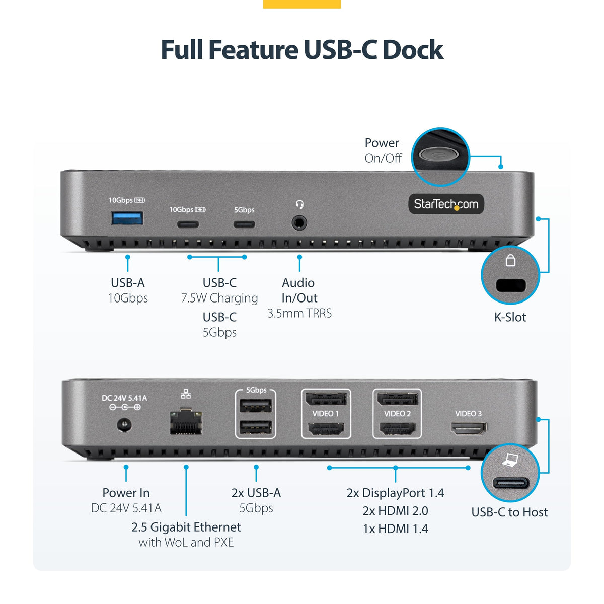 StarTech USB-C triple monitor dock rear ports showing USB-C 10Gbps and Ethernet.