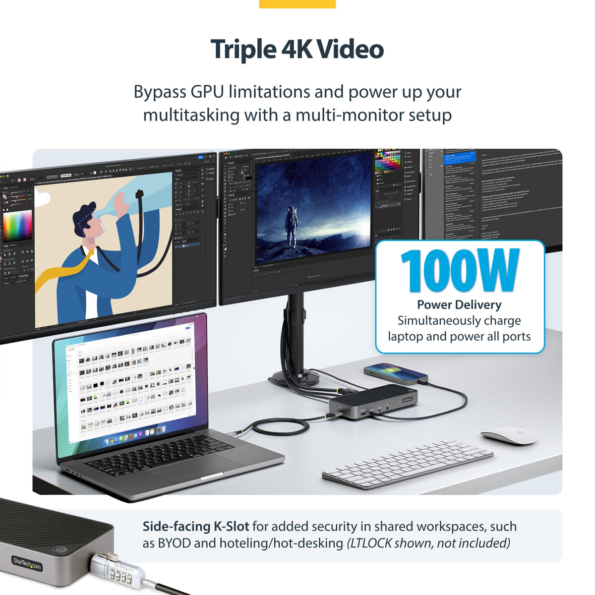 StarTech USB-C triple monitor dock connected to three 4K displays in office.