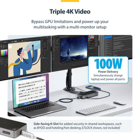 StarTech USB-C triple monitor dock connected to three 4K displays in office.