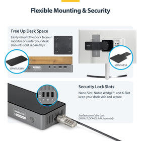 StarTech dock with built-in lock slots and mounting for secure office setups.