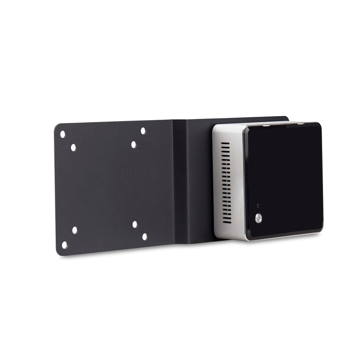 Bracket attaches to monitor back, freeing desk space and reducing clutter.