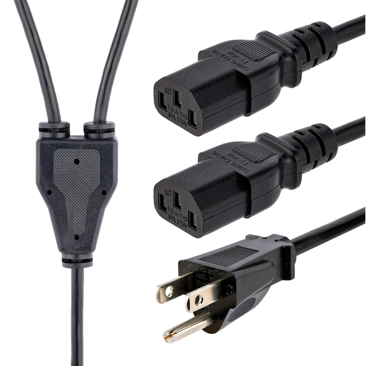 StarTech.com 10ft power Y-cable showing dual C13 connections for multiple devices.