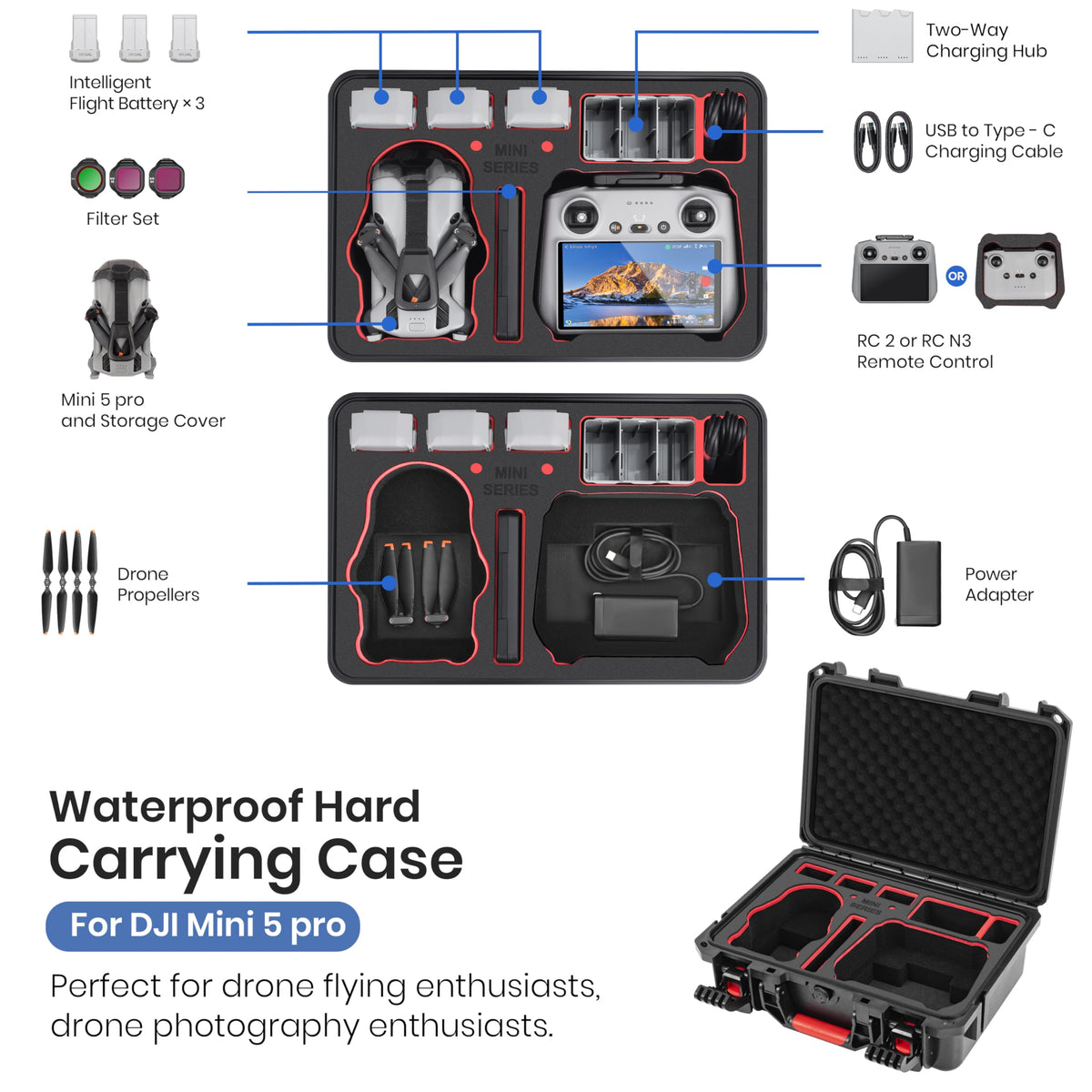 STARTRC open case displaying neatly organized DJI Mini 5 Pro Fly More Combo and accessories
