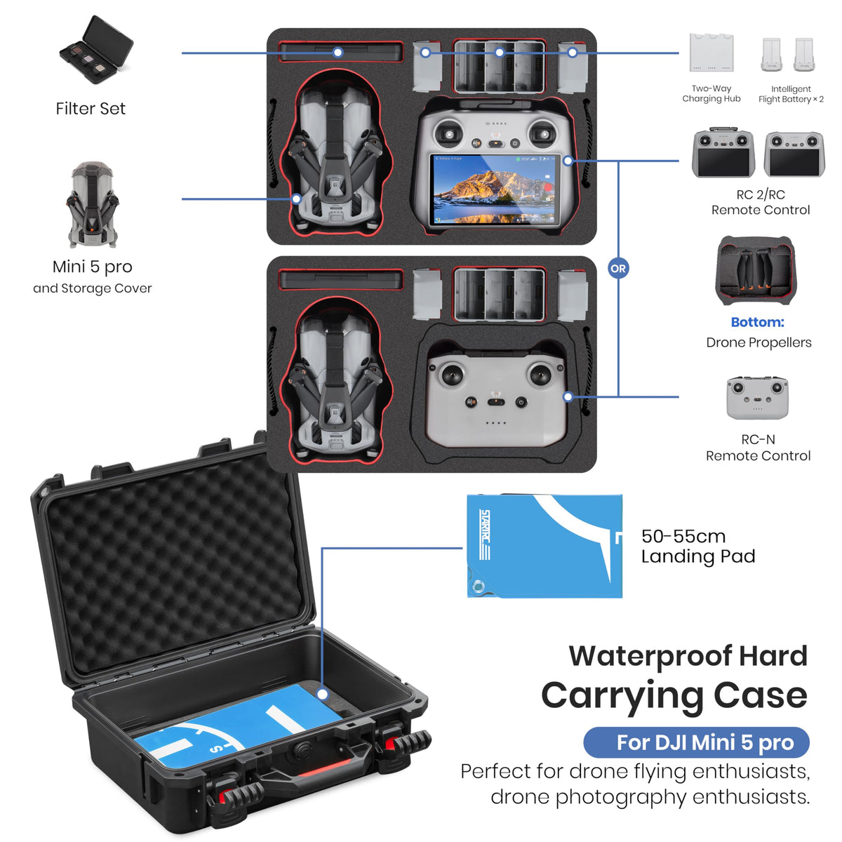 STARTRC open case with DJI Mini 5 Pro seated in foam offering safe transport and quick access