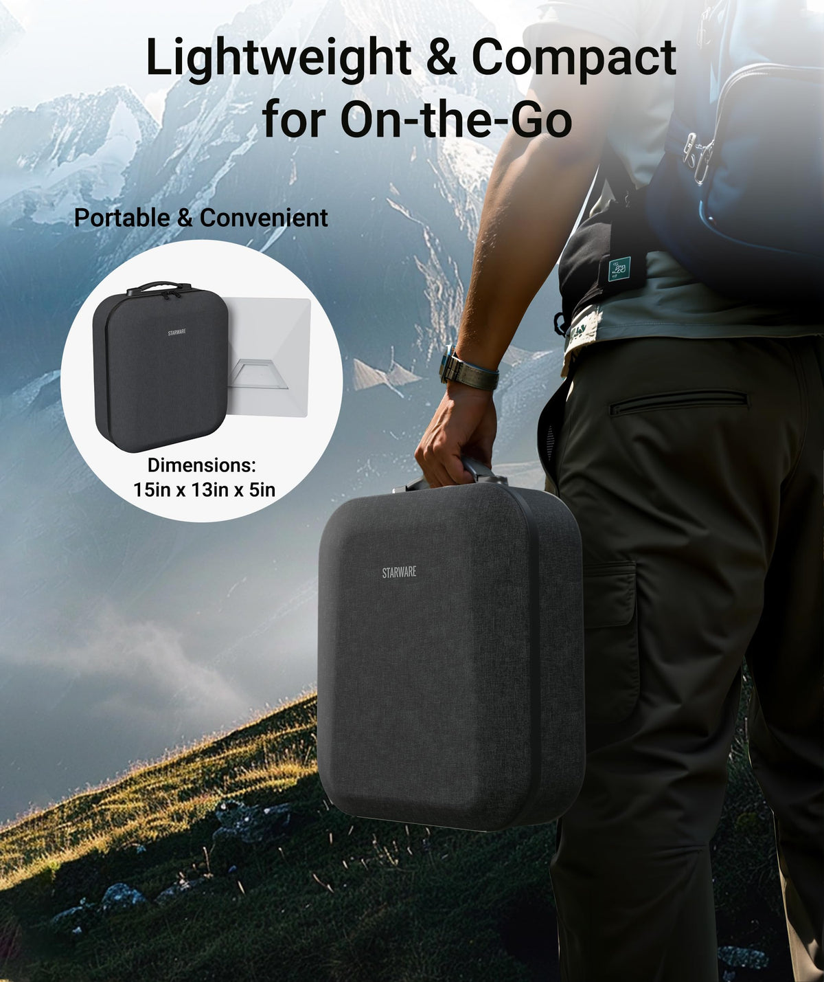 STARWARE case beside a backpack for scale showing portability advantage