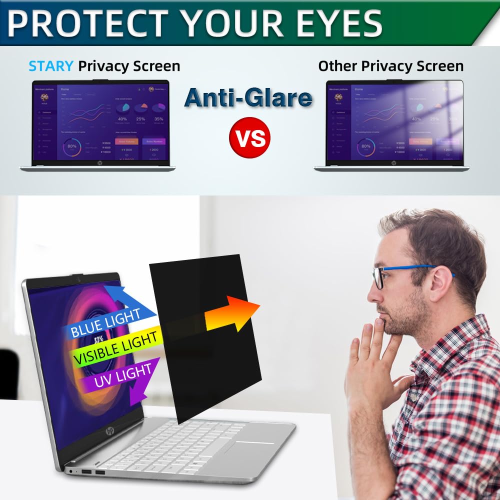 STARY privacy shield blocks side views while keeping direct view crisp for focus.