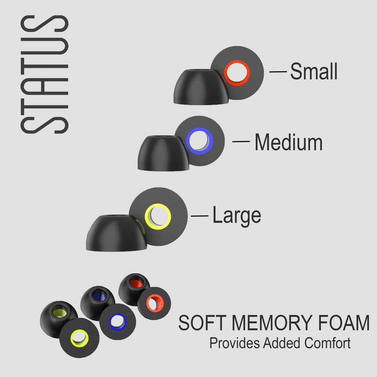 Status Audio memory foam ear tips offer debris protection and easier insertion