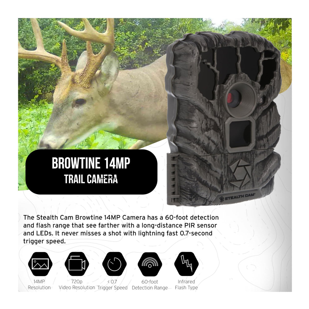 Stealth Cam Browtine 14MP trail camera side view highlighting rugged outdoor design.