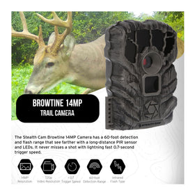 Stealth Cam Browtine 14MP trail camera side view highlighting rugged outdoor design.