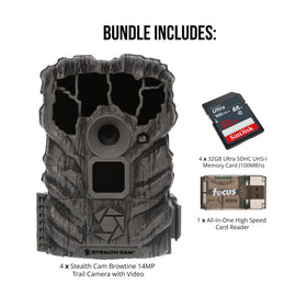 Stealth Cam Browtine bundle contents image shows camera, memory cards, and reader for quick setup.