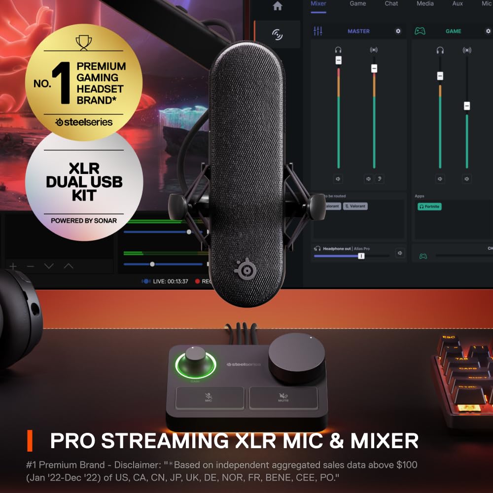 SteelSeries Alias Pro Kit stream mixer front view with RGB controls for on-screen audio tuning