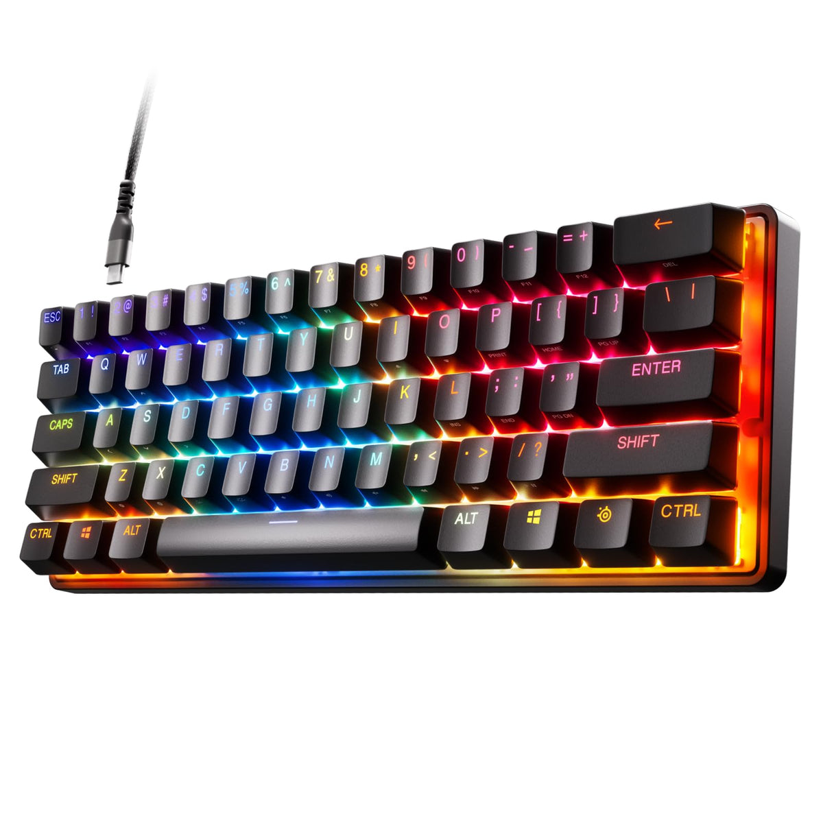 SteelSeries Apex Pro Mini angled view showing space-saving compact design for desktop setups