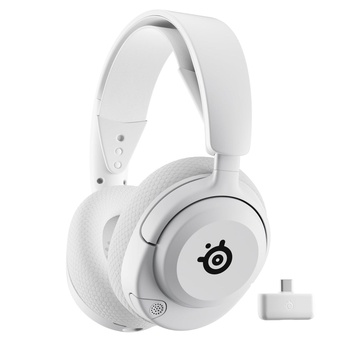 SteelSeries Arctis Nova 5 headset in white, front view, immersive gaming audio